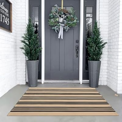 KIMODE Striped Fall Outdoor Rug 3'x 5',Washable Reversible Striped Outdoor Patio Rugs,Cotton Hand-Woven Farmhouse Welcome Layered Door Mats for Front Door,Entryway,Porch Fall Decor,Black and Khaki