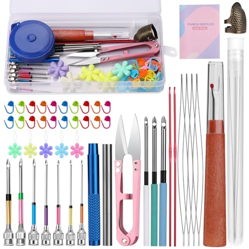 49 Pcs Needle Punch Tool Kit, Cross Stitch Set with Manual 10 Sizes Magic Embroidery Pen, Adjustable Ultra Punch Pen with Handle, Threader, Knitting Markers for Embroidery DIY Crochet Knitting