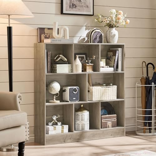 LEYAOYAO 8 Cube Bookshelf with Base,3 Tier Mid-Century Modern Grey Bookcase,Standing Wide Bookshelves Storage Organizer Shelf,Rustic Wood Display Cabinet Book Shelves for Bedroom,Living Room,Office
