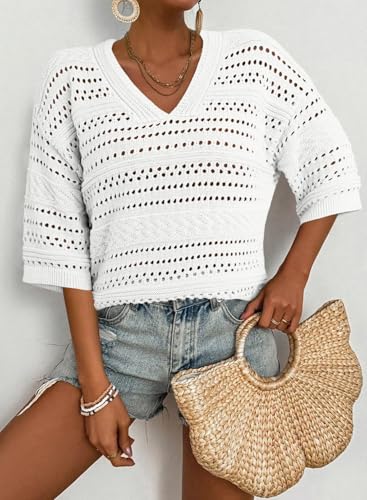 Image of Acelitt Crochet Tops for Women Summer Short Sleeve Sweater | Boho Striped Knit Top, 3 /4 Sleeve, Hollow Out Oversized Sweaters, Lightweight Blouses, Spring Fall Outfits for Beach Vacation