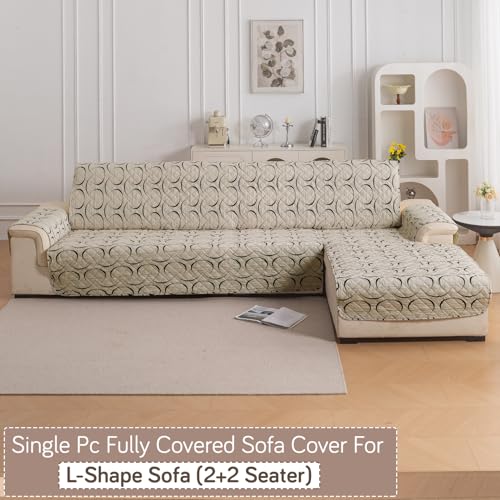 Image of HOKIPO 'Elira Series' Water-Repellent Printed Quilted One-Piece L Shape 4 Seater (2+2) Sofa Cover Mat with Right Chaise | Anti-Slip Backing & SecureFit Belt, Natural Beige Abstract Art (AR-6228-C4)