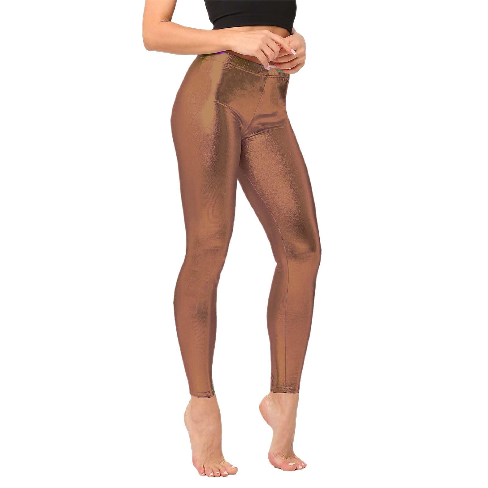 Ladies 80s Retro Metallic Shiny Wet Look Leggings Adult Disco Fancy Dress Costume Womens Outfit Pants Coffee