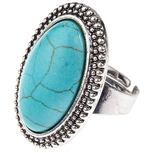 Retro Style Chunky Finger Ring In Anti Silver Colour and Big Oval Turquoise Stone In Ornamented Decorative Mounting
