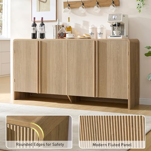 Image of AMERLIFE 63 inch Fluted Sideboard Buffet Cabinet with Storage, Modern Credenza Console with 4 Doors & Adjustable Shelves, Wood Coffee Bar for Kitchen, Living Room, Hallway, Natural Oak