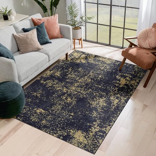 NAAR 9X12 Area Rug for Dining Room, Washable Rug, Low-Pile, Non-Slip, Non-Shedding, Foldable, Kid & Pet Friendly - Area Rugs for Living Room, Bedroom, Kitchen, Dining Room Rug, (Black/Gold, 9' X 12')