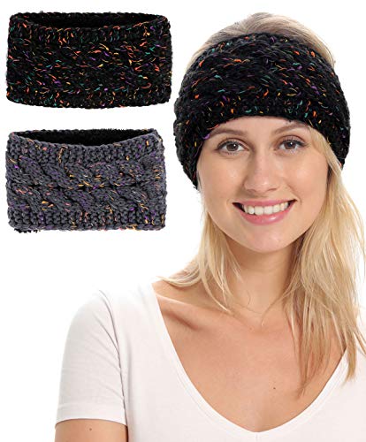 Womens Ear Warmers Headbands Winter - Confetti Cable Warm Fuzzy Fleece Lined Thick Knit Headband Headwrap Ear Warmer - Black+Grey