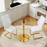 Rundes Tisch-Stuhl-Set | 85cm Gehärteter Glastisch mit Goldstützen | 2 Ergonomische Esszimmerstühle Weiß Gold für Esszimmer Küche Café