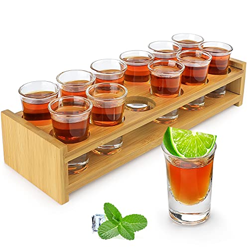 Shot Glass Set 12pcs 1oz/30ml Clear Shot Glass with Bamboo Shot Glass Holder for Party, Club, Cocktail - SG01-12 (12pcs)