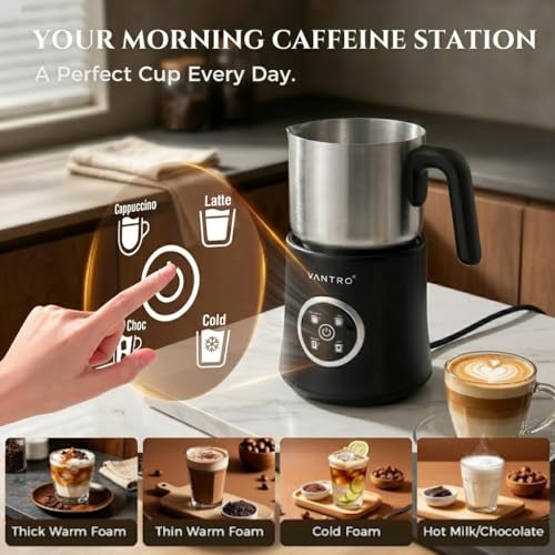 Image of VANTRO 900ml Electric Milk Frother & Milk Warmer, 4-in-1 Automatic Hot & Cold Foam Maker with Detachable Stainless Steel Jug, Coffee Frother for Latte, Cappuccino, Macchiato & Hot Chocolate
