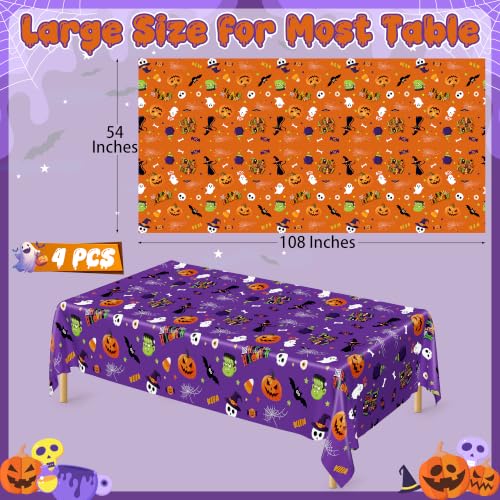 Image of 4 Pack Halloween Table Cloths 54 inch x 108 inch Plastic Purple Orange Tablecovers