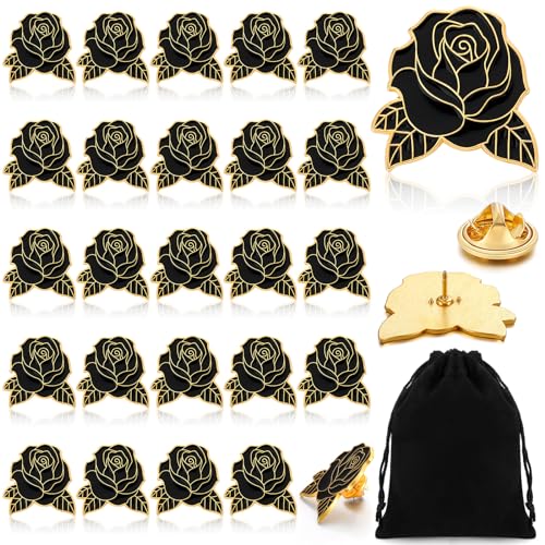 Riceshoot 24 Pcs Black Rose Lapel Pin Memorial Day Flower Enamel Brooch Pin Collectible Floral Gift for Women Men Graduation Party Veterans Day