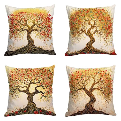 Federe per Cuscini Esterni Impermeabili Lino35 x 35 cm Set di 4, Doppio lato Quadrata Traspirante Cuscini Albero della vita Primavera Estate Copricuscini, per Soggiorno Giardino Decor Regali I-s600