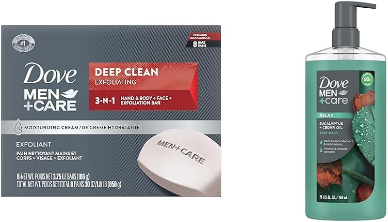 DOVE MEN + CARE Deep Clean Sabonete em Barra e Body Wash Eucalyptus + Cedar Oil, Pacote com 8 barras de 106 g e 1 frasco de 770 mL