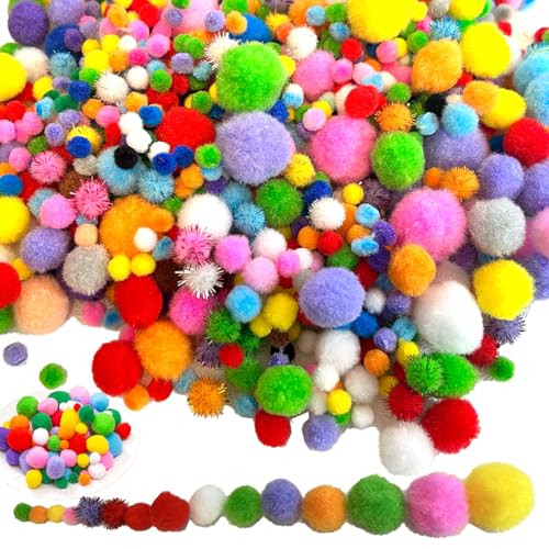 1000 Assorted Pom Poms for Crafts - Soft and Fluffy Craft Pom Pom Balls Mixed Sizes (0.5cm-3cm) - Perfect for DIY, Kids Art Projects, Christmas Decorations