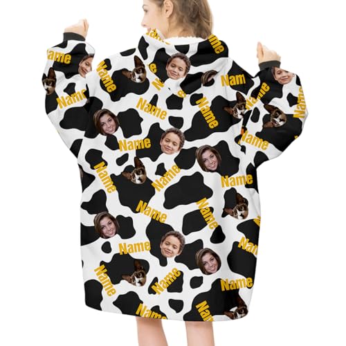 Personalized Photo Face Wearable Blanket For Kid, Custom Fleece Wearable Blanket, Customized Blanket Hoodie With Image, Unisex, Black White Cow Pattern, Gifts For Boys and Girls