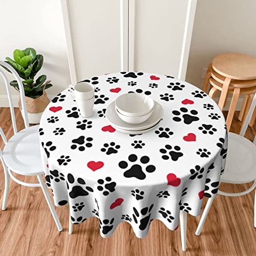 Dog Paw Print Animal Black Round Tablecloth Washable Red Love Heart Table Cloth Cover Indoor Outdoor For Dining For Home Party Picnic 70 Inch #TOP4
