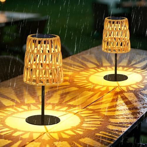 2pcs Outdoor Table Lamp: Rechargeable LED Solar Lantern for Garden Yard Waterproof Solar Lights Outdoor Cordless Table Rattan Lamp Small Deck Lamp for Balcony Patio Gift for Women Mother Days