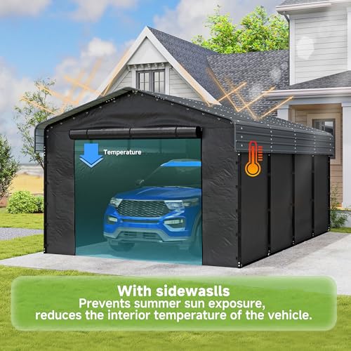 Image of 12x20FT Heavy Duty Metal Carport,Outdoor Garage with Removable Sidewalls & Doors, Heavy Duty Steel Frame and Galvanized Roof for Cars and Boats, Gray