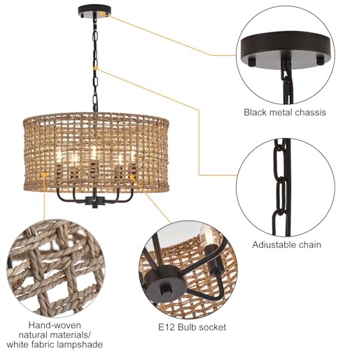 YOMECOO Hand-Woven Rattan Chandelier Vintage Farmhouse Boho Bamboo Chandeliers Light Fixture Rustic Retro 5-Lights Drum Wicker Rattan Black Chandelier for Dining Room, Kitchen, Living Room, E12 - Image 4