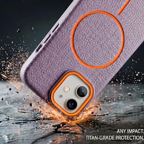 Image of amazon basics Luxury MagSafe Compatible Leather Texture Back Cover for iPhone 12 | Raised Camera Protection | Slim Fit Shockproof Case with Metallic Accents (Purple)