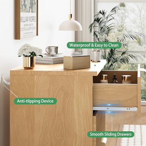 Image of Fluted Dresser for Bedroom with 3 Drawers, 24 inch Wide Modern Chest of Drawers with Metal Handle, Wooden Dresser TV Stand, Wood Closet Clothes Storage Organizer for Living Room, Hallway, Natural Oak