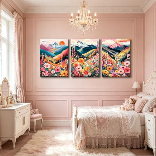 Image of Frimeeme Framed Colorful Watercolor Floral Mountain Canvas Wall Art,12x16
