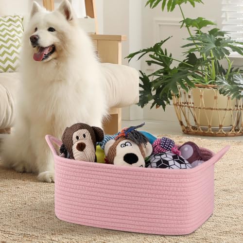 Image of OIAHOMY Woven Basket, Gift Basket Empty with Gift Bags and Ribbons, Rope Baskets for Baby Showers, Storage Baskets with Handles for Nursery, Pet Toy Organizer - Pink