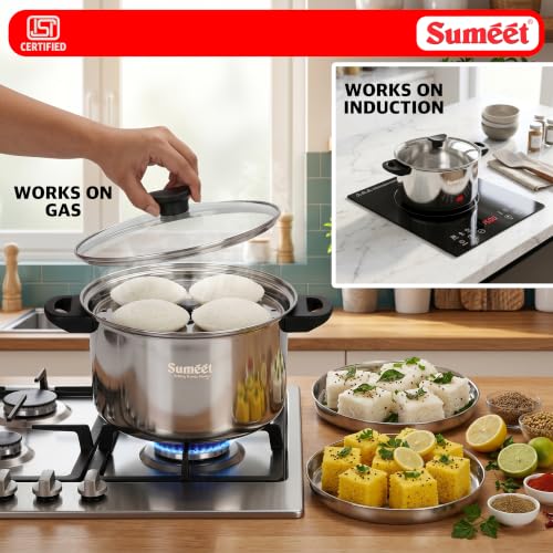 Image of Sumeet ISI Certified Stainless Steel Steamer Pot with Glass Lid, 4 LTR | Induction & Gas Compatible Multipurpose Pot, Includes 4 Idli Plates, 2 Dhokla /Patra, 2 Momo /Modak, Heavy Bottom, Stackable