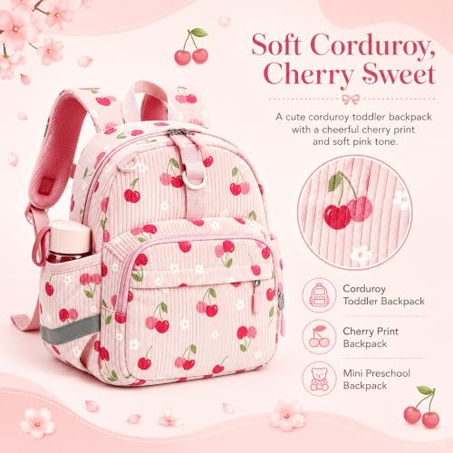 Image of LOIDOU Toddler Backpack for Girls Ages 2-4, 12 Inch Mini Preschool Daycare Bookbag with Insulated Snack Pocket, Corduroy Small Kids Travel Backpack, Pink-cherry