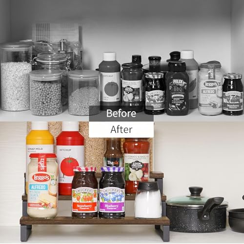 Image of 3 Tier Wooden Spice Rack for Kitchen Countertop -Step Shelf Organizer for Spices, Jars & Condiments | Metal Frame Wood Shelf for Pantry, Cabinet & Counter Storage (35 x 24 x 15 cm)
