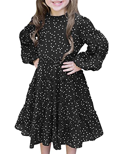 Ferlema Girls' Dresses Crew Neck Puff Sleeve Solid Color Party Swing Pockets Dress With Zipper Back 6 Years Black #TOP6