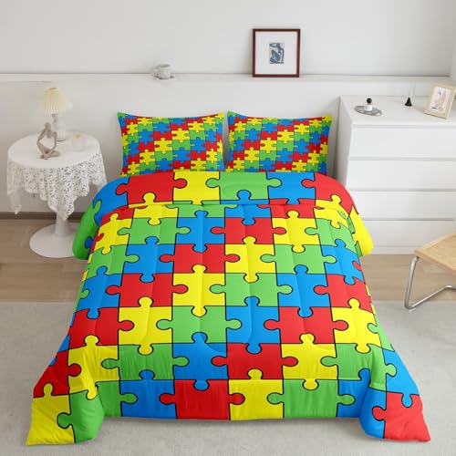 Image of Feelyou Funny Colorful Blocks Kids Bedding Set Boys Girls Abstract Geometric Comforter Set Queen Size Game Pieces Fractal Hobby Duvet Insert Bright Multicolor Room Decor