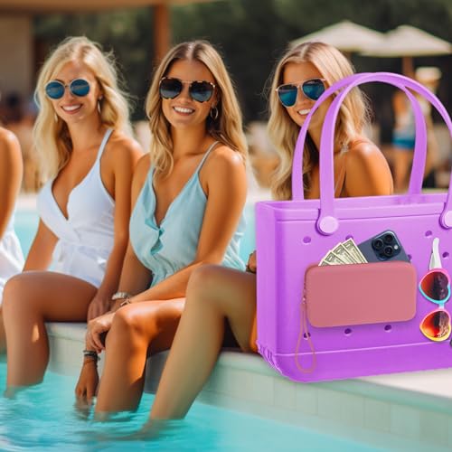 Image of Mity rain Silicone Wallet for Bogg Bag Phone Holder | Accessories Set for Bogg Bag Contain 2PCS Key Holder and Large Capacity Silicone Zipper Bag for Beach Bags Tote Bag (Pink)