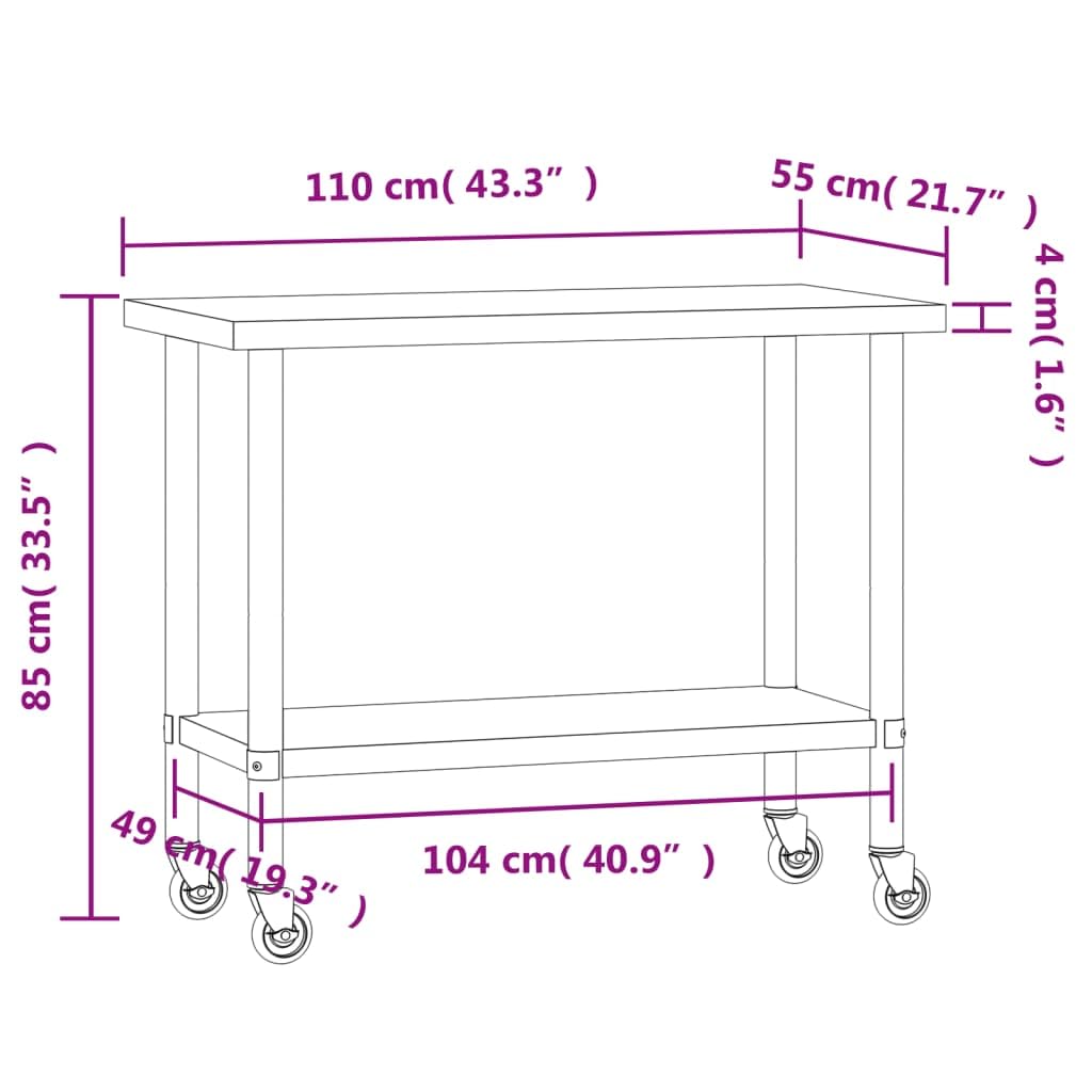 Mangloder Mesa de trabajo de cocina con ruedas de acero inoxidable 110 x 55 x 85 cm, mesa de trabajo duradera para gastronomía, restaurante, catering, aperitivo, cantina, hotel, bar, bistró, con