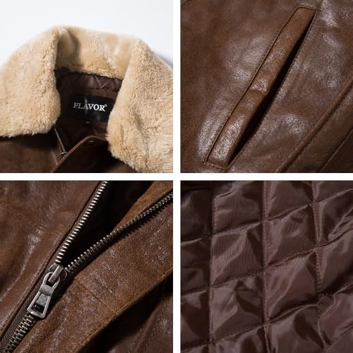 Image of FLAVOR Men's Real Leather Bomber Jacket with Removable Fur Collar Aviator