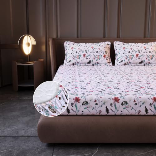 Image of Divine Casa King Size Fitted Bedsheet with 2 Pillow Covers (200 x 180 CM) | Cotton Twill Satin Floral Print |Rose Pink Elastic Fitted Sheet for Mattress.