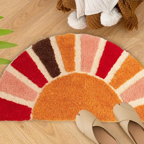 Boho Bathroom Rugs,40 x 76 cm Half Circle Non Slip Bath Mat,Cute Bohemian Bathroom Accessories Rainbow Floor Mat,Home Decor Non-Slip Semi Round Shower Rug Funny Machine Washable Indoor Floor Door Mat