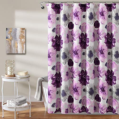 Image of Lush Decor Leah Floral Shower Curtain, 72 inch W x 72 inch L, Gray /Purple - Fabric Shower Curtains - Watercolor Botanical Bathroom Curtain - Farmhouse & French Country Decor