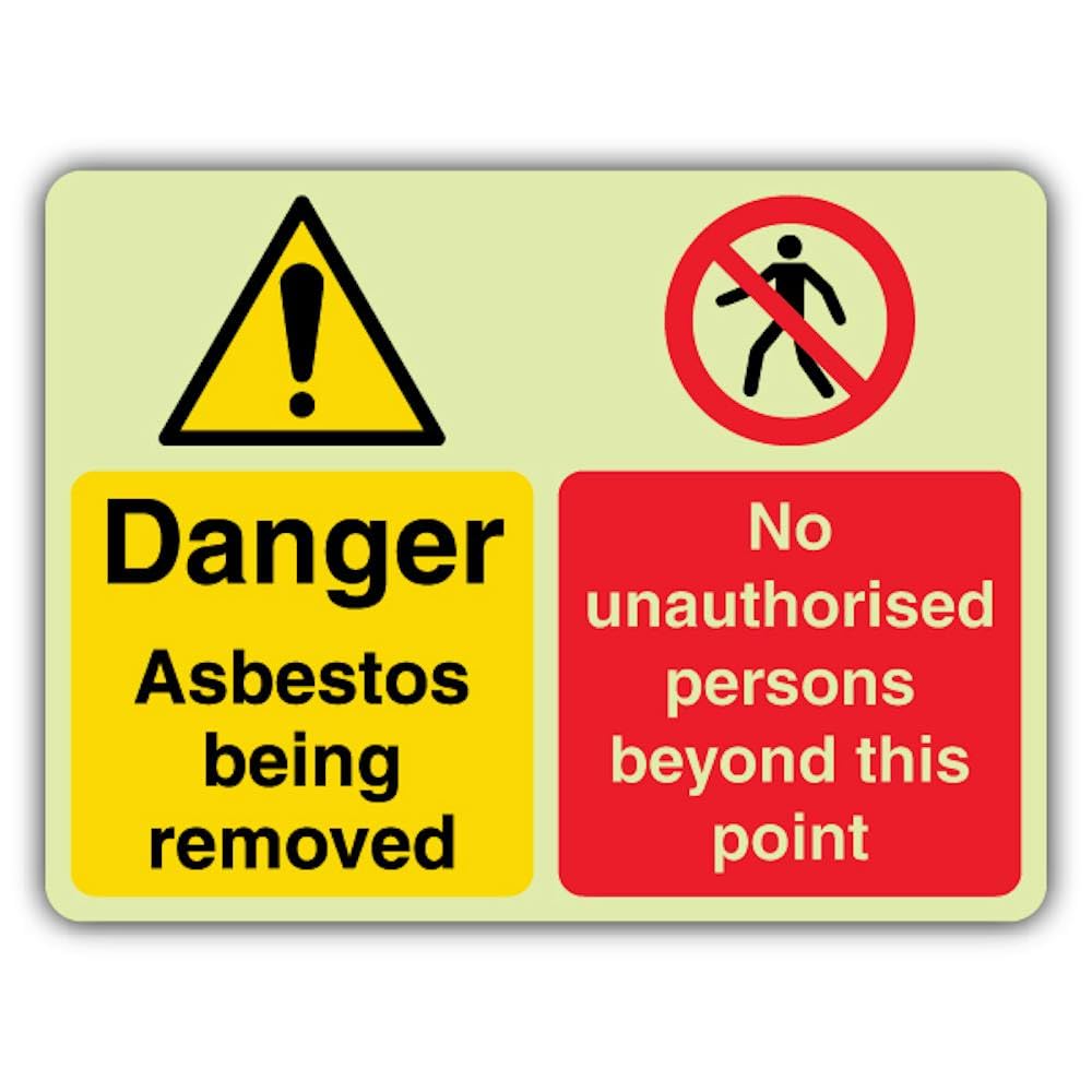 V Safety - Peligro de amianto que brilla en la oscuridad, sin personas no autorizadas, 600 x 450 mm, hecho de plástico rígido de triple brillo, señalización de advertencia de peligro, fabricado en