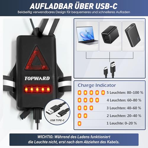 Topward Lauflicht, Lauflampe Joggen Brustlampe, 500 Lumen wiederaufladbar per USB-C, 90°verstellbarer Abstrahlwinkel, 360°reflektierendes Band, wasserdicht, einstellbar, Laufen Licht Jogger Lampe