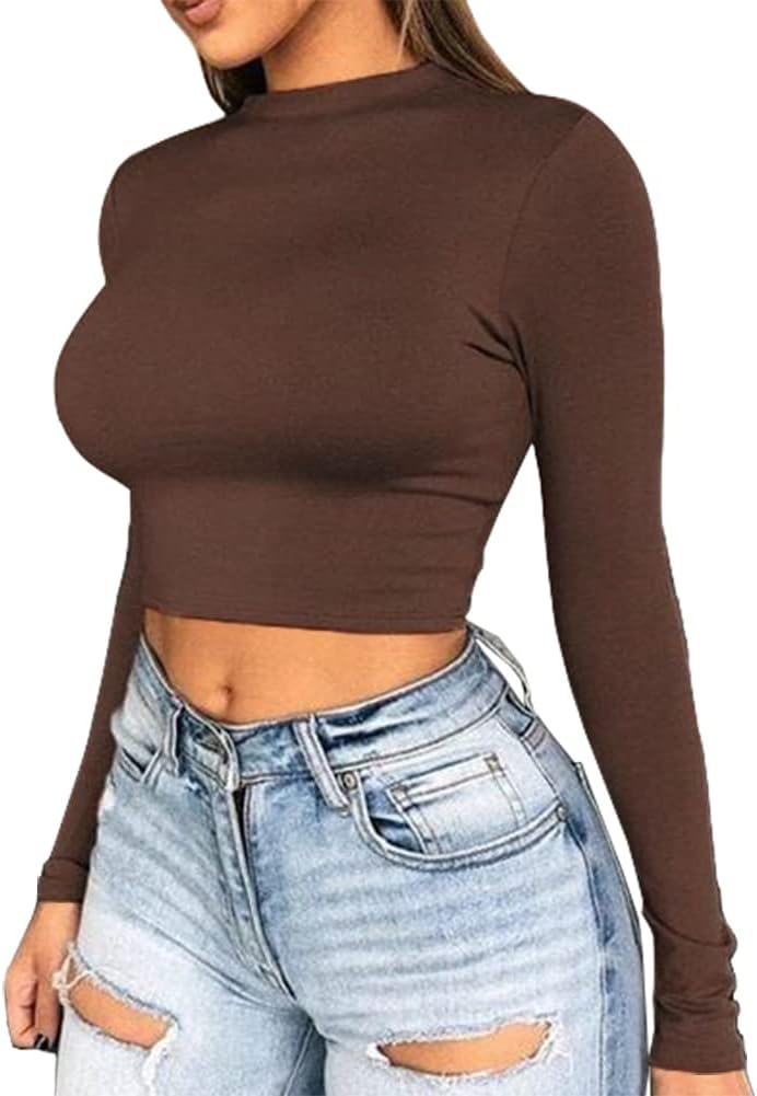 Artfish Women Long Sleeve Turtleneck Crop Top Mock Neck Tight Fitted Shirts