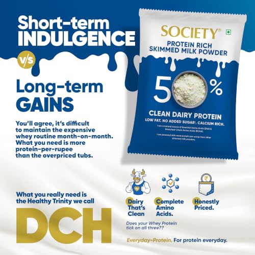 Image of Society Protein Rich Skimmed Milk Powder, 50% Protein - 10g Protein per Serving | Clean Dairy Protein with All 9 EAAs & including all 3 BCAAs | No Added Sugar, Low Fat | Whey Alternative | Veg | 250g