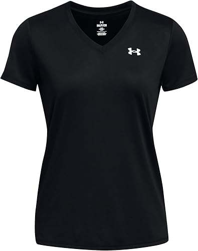 Under Armour Womens Tech Short Sleeve V Neck, (001) Black / / White, Large