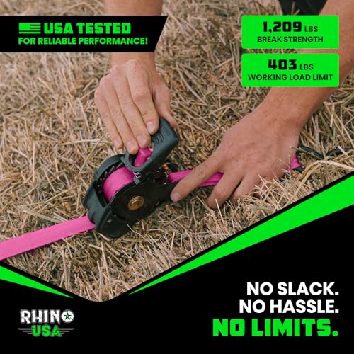 Image of Rhino USA Retractable Ratchet Straps (2-Pack) - 1 Inch x 10 Feet (1,209lb Break Strength) - Auto Self Retracting Tie Down Straps for Truck, Cargo Trailer, Motorcycle, ATV, UTV - Pink