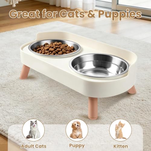 Image of Elevated Cat Feeder Bowl, Anti-Choking Raised Cat Food and Water Bowl with Wooden Stand, Pet Feeding and Drinking Supplies for Small and Medium Sized Dogs (Cat Bowls-White)