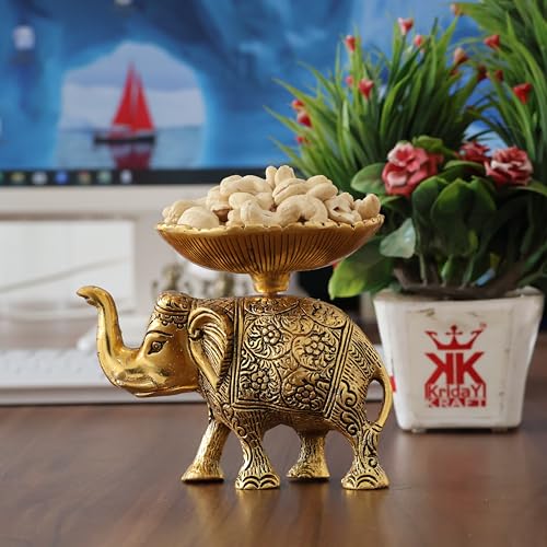 Image of KridayKraft Metal Elephant Dry Fruit Bowl Showpiece Gold Polish for Your Home,Office Table Decorative,Elephant Showpiece Bowl for Gift,Animal Figurines