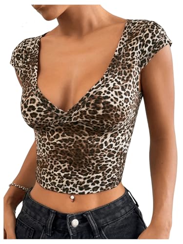 Floerns Women's Leopard Print Cap Sleeve T Shirts V Neck Y2k Crop Top Tee Shirts