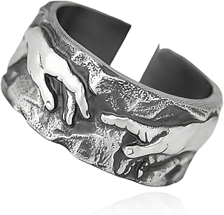 Divine Hand Signet Band Pinky Open Ring for Men – Vintage Renaissance-Inspired Biblical Art Jewelry, Antique Silver Statement Piece, Christian Faith Accessory