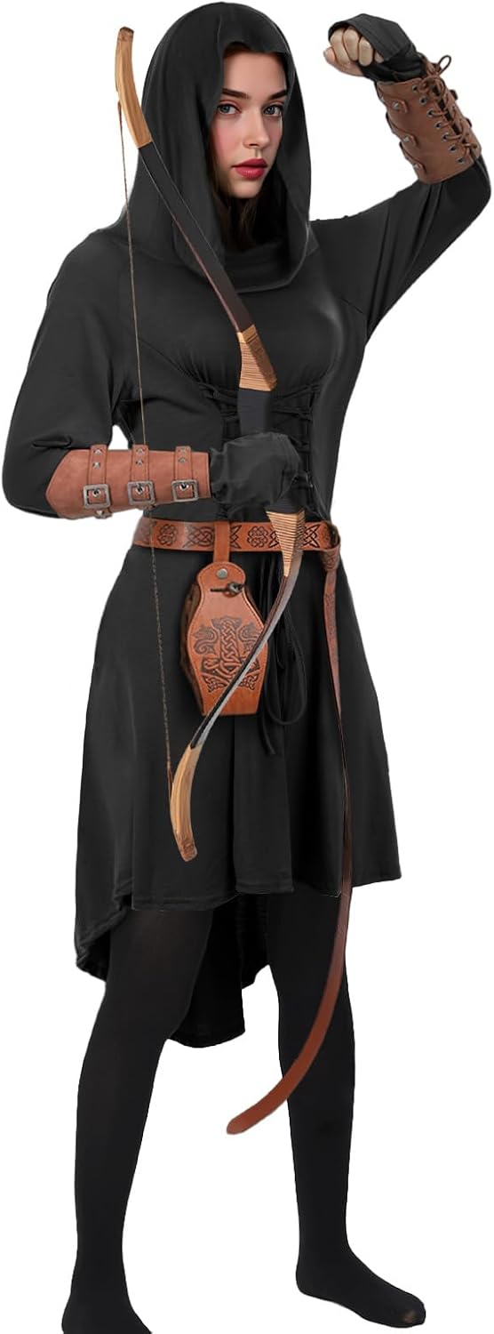 7PCS Women Medieval Fairy Costume Renaissance Elf Hooded Dress Leather Arm Pouch Belt Halloween Cosplay Outfit - Image 2