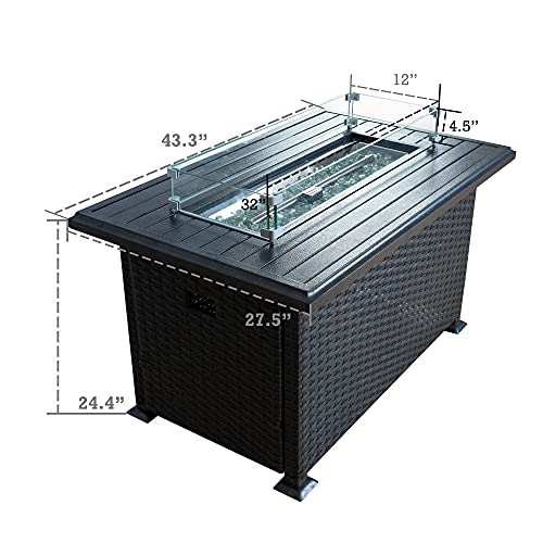 Kozyard 50,000 Btu Outdoor Wicker Patio Propane Gas Fire Pit Table W/Aluminum Tabletop, Glass Wind Guard, Clear Glass Rocks, Cover, Slide Out Tank Holder, And Lid (Gray) #TOP4